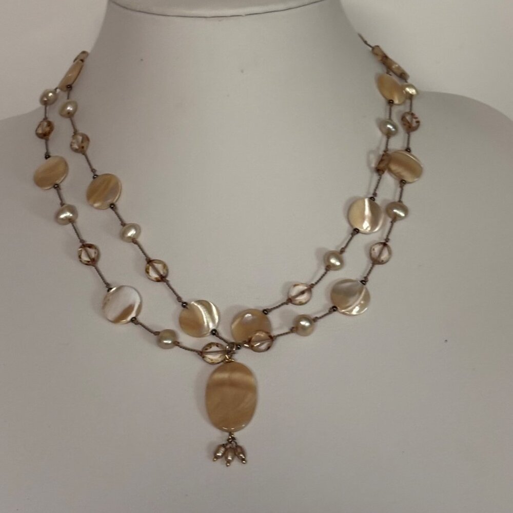 Layered Mother of Pearl Glass Bead Necklace Gold-Tone Chain Drop Pendant